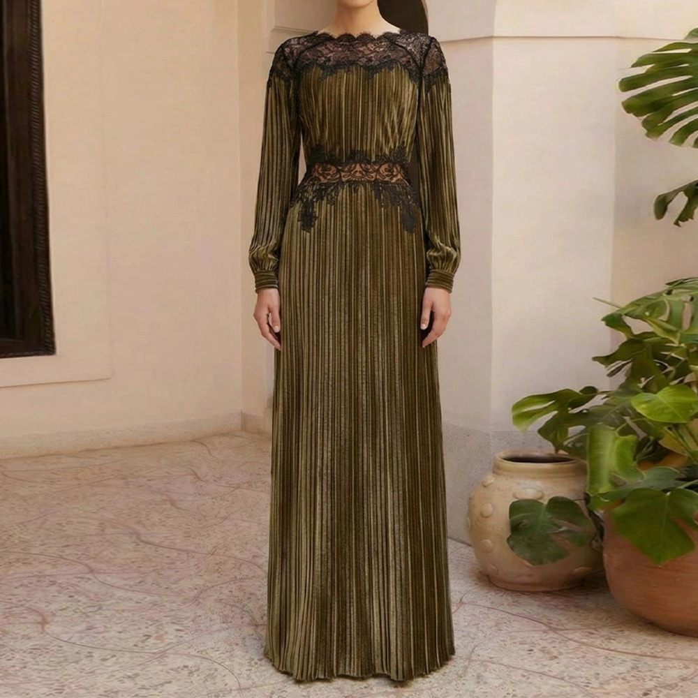 Forever 21 Round-Neck Lace Patchwork Waist Green Elegant Long Dress